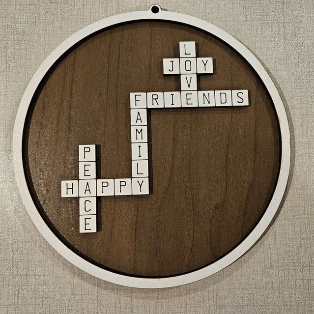 Crossword puzzle made with TruFlat walnut and white plywood